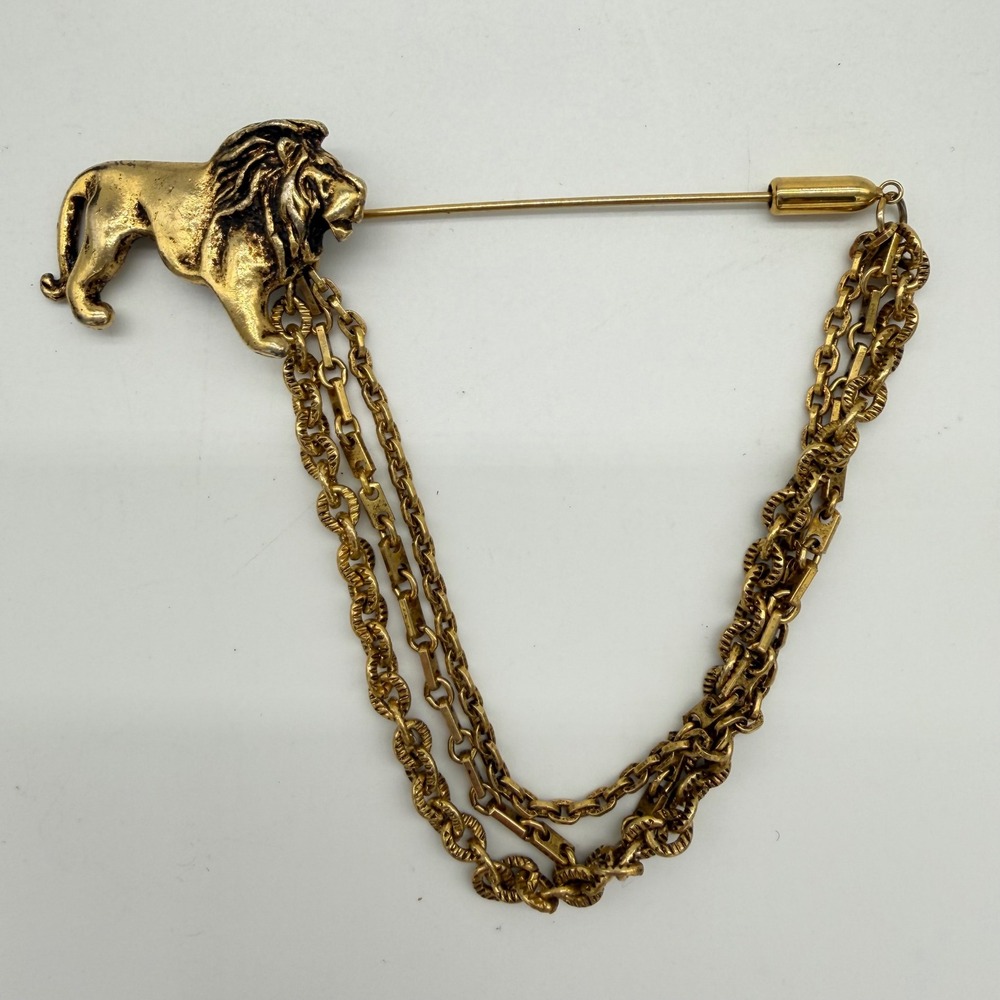 Vintage Anne Klein Lion Brooch Gold Tone Multi Chain Swag Stick Pin